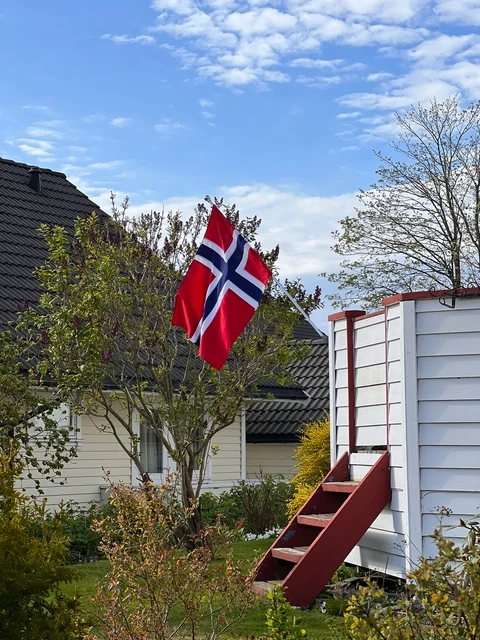 Norwegian flag in a garden