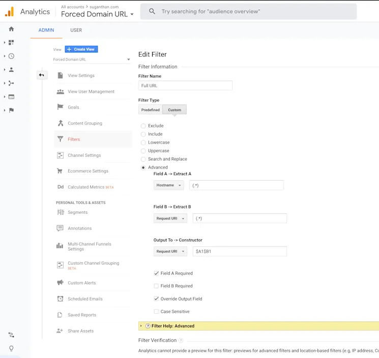 Google Analytics filter settings for full URL path