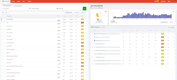 KwFinder keyword research interface