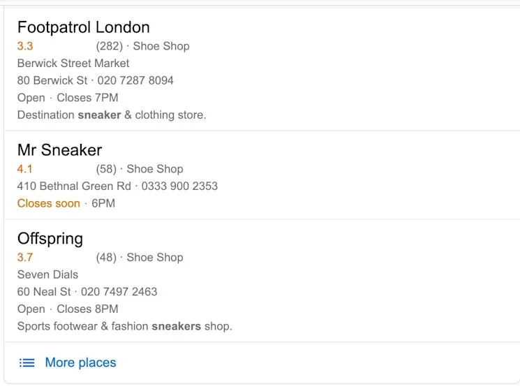 Google local pack for sneaker stores in London