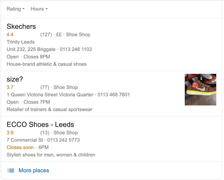 Google local pack for sneaker stores in Leeds