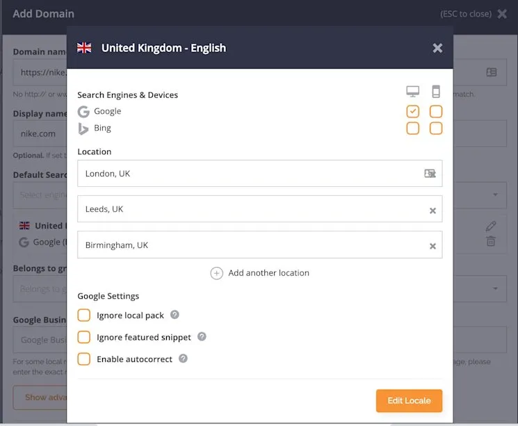 AccuRanker campaign setup with geo targets