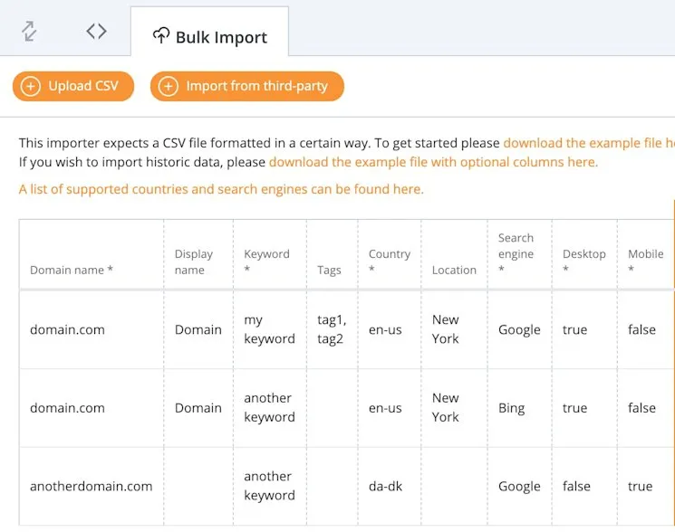 AccuRanker CSV file format with tags