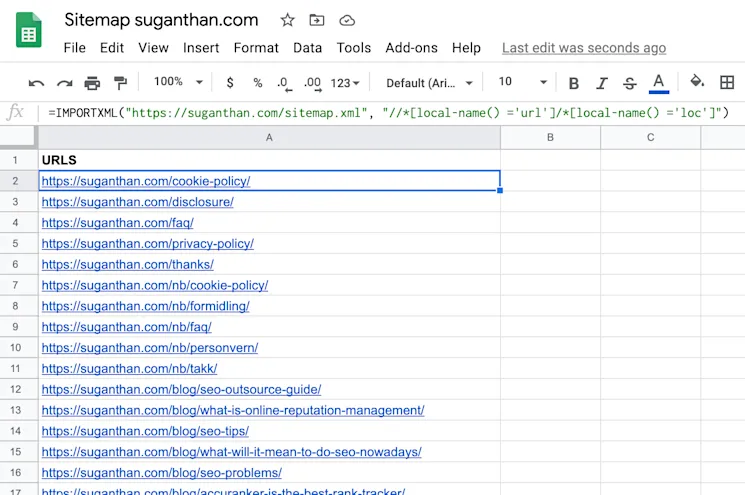 Sitemap XML data pulled into Google Sheets