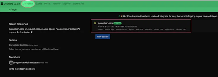 Logflare source dashboard