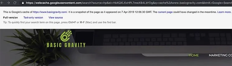 Google cache results