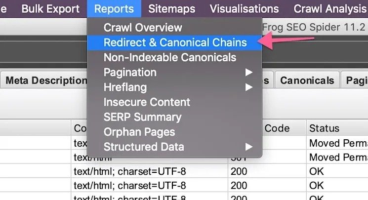 Screaming Frog redirect chain report